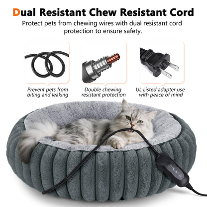 Heated Cat Bed for Indoor Cats & Small Dogs, 20 Inch Cozy Donut Pet Bed with Timer, Adjustable Temperature & Waterproof Cover
