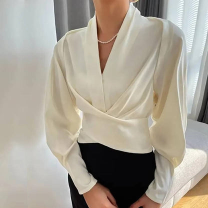 Long Sleeve Silk Blouse with V Neck for Work Or Evening