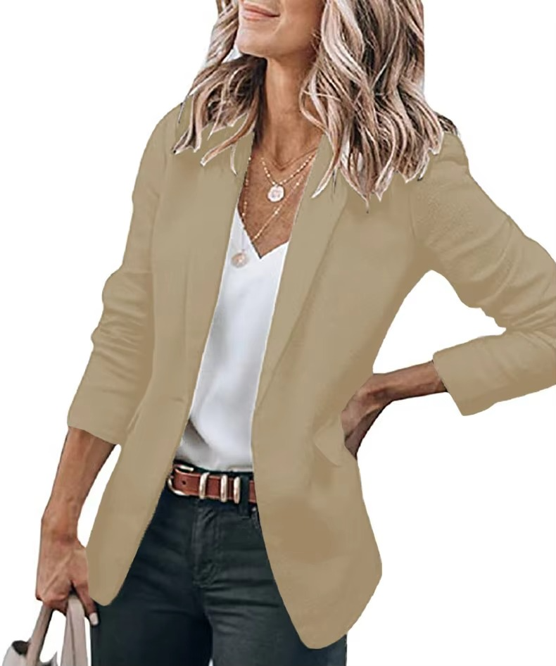 Womens Casual Open Front Blazer, Long Sleeve Work Office Suit Jacket with Lapel Collar, Fitted Professional Blazer with Pockets