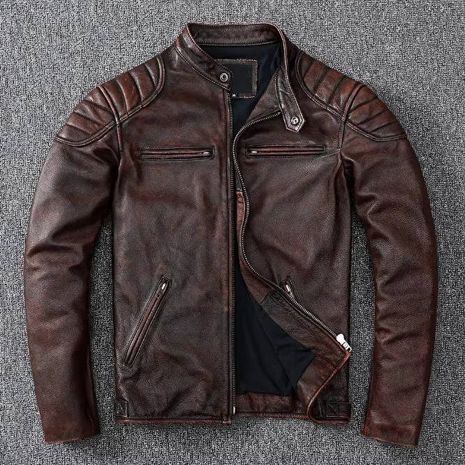 Quilted Leather Motorcycle Jacket with Snap Collar and Zip Pockets for Men