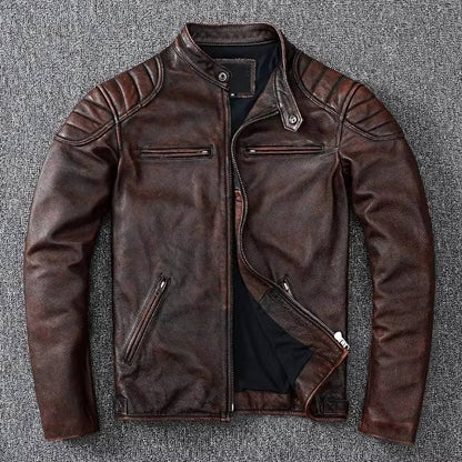Quilted Leather Motorcycle Jacket with Snap Collar and Zip Pockets for Men
