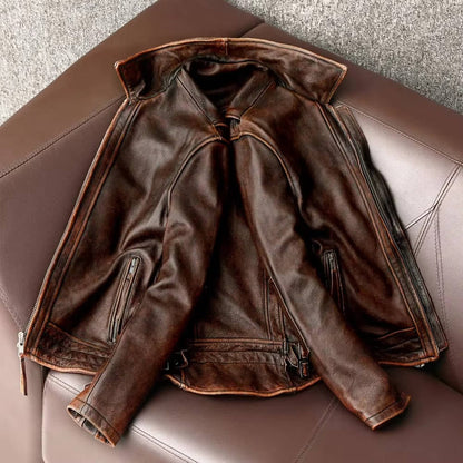 Mens Slim Fit Cowhide Biker Jacket with Weathered Brown Finish and Reinforced Stitching