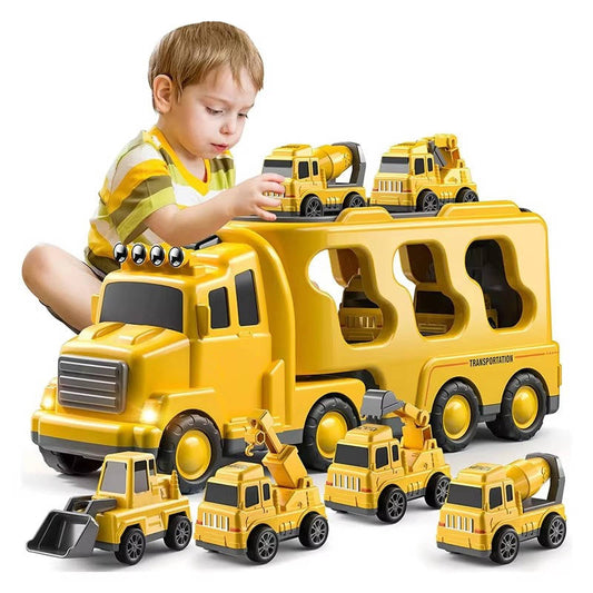 Construction Carrier Truck with 5 Vehicles Friction Powered Toy Set for Toddlers Ages 3+