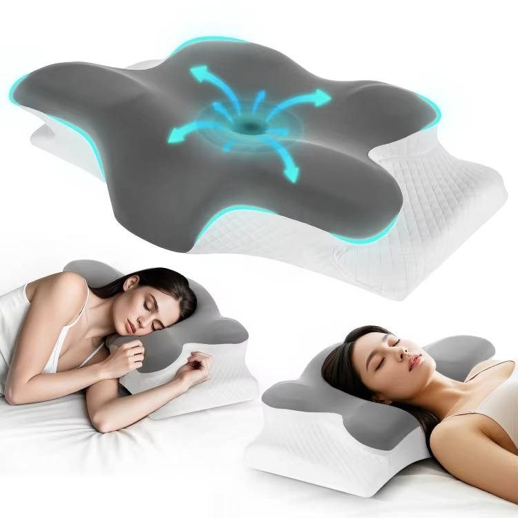 Cervical Memory Foam Neck Pillow, Ergonomic Cooling Support for Side & Back Sleepers with Adjustable Ice Silk Case