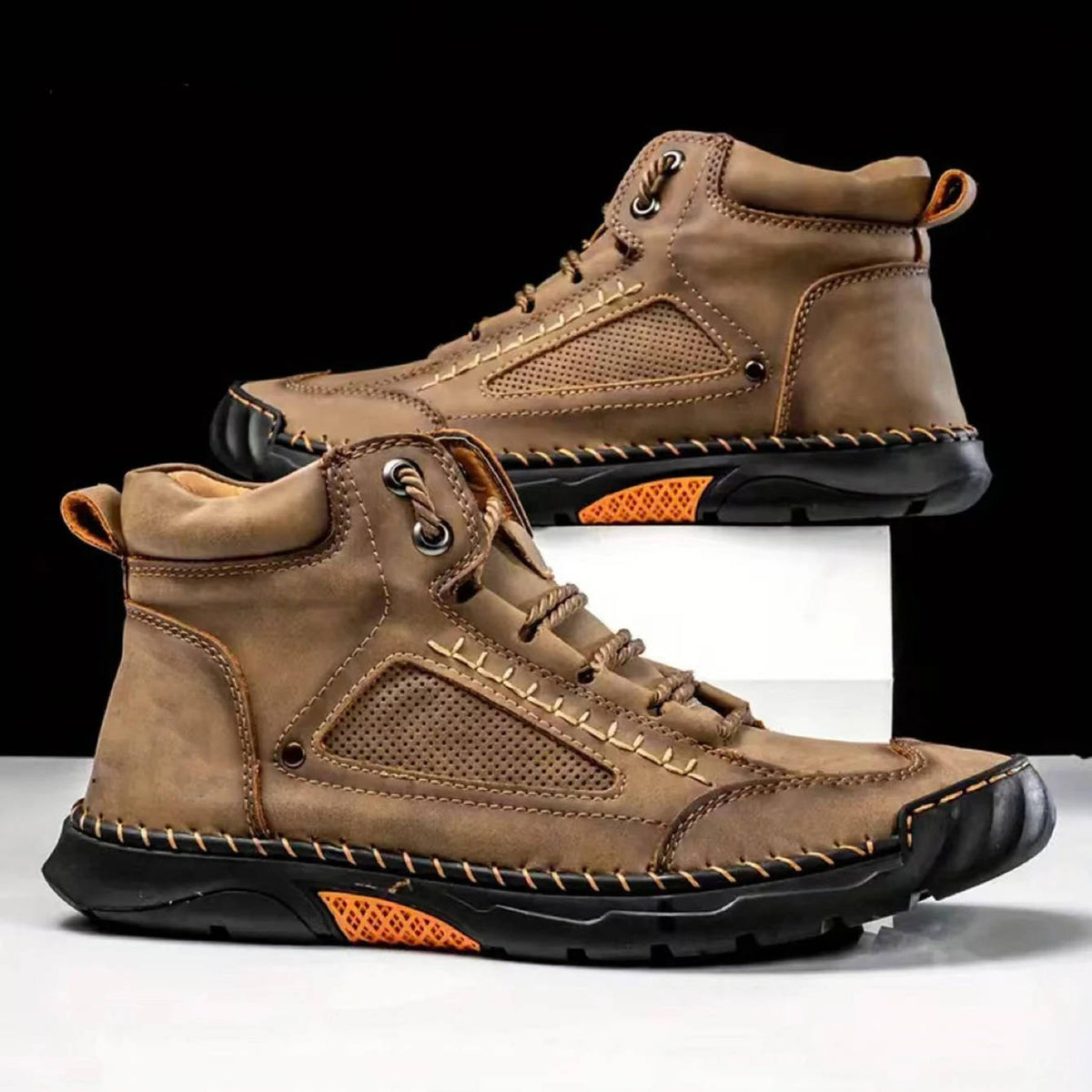 Mens Waterproof Leather Hiking Boots with Arch Support and Wide Toe Box