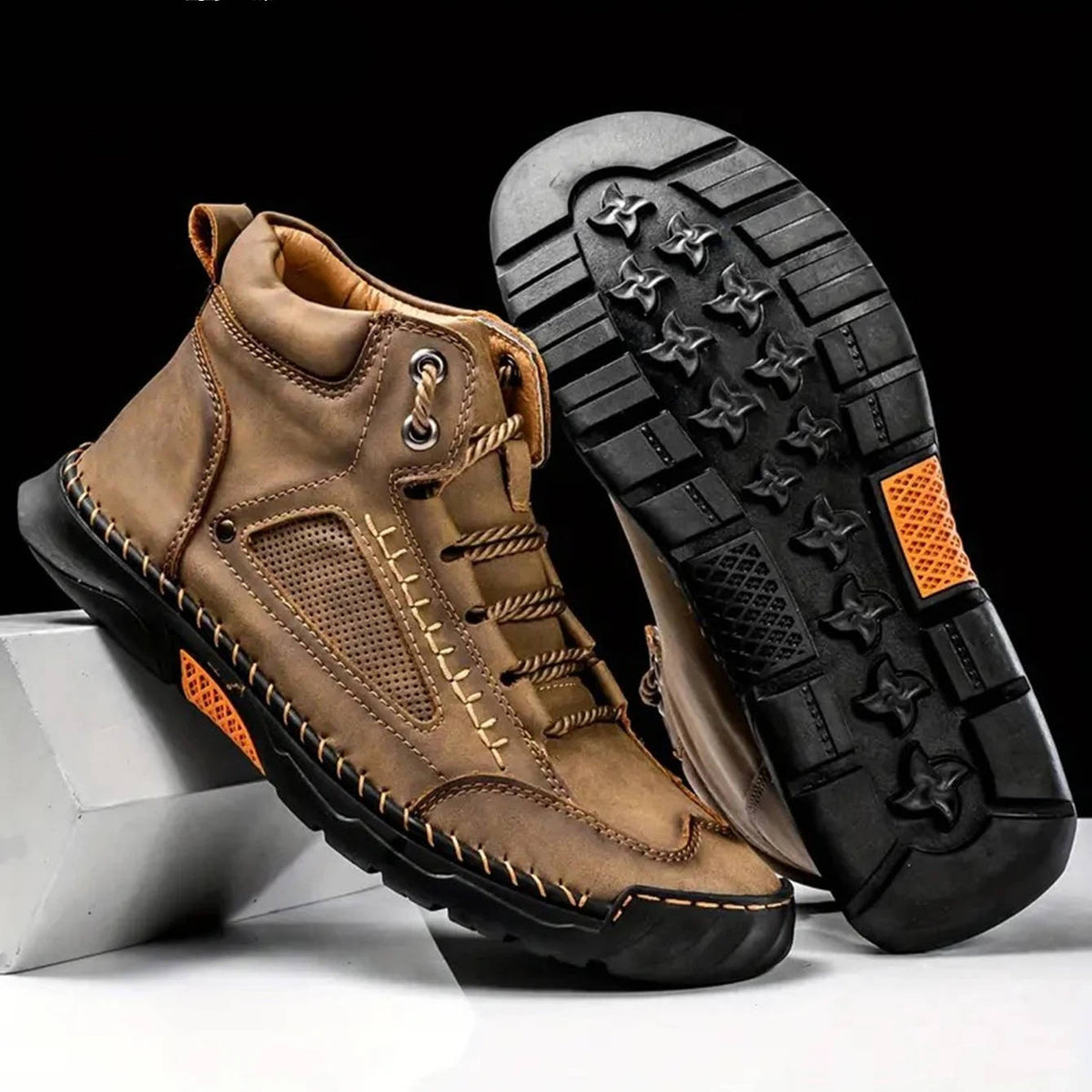 Mens Waterproof Leather Hiking Boots with Arch Support and Wide Toe Box