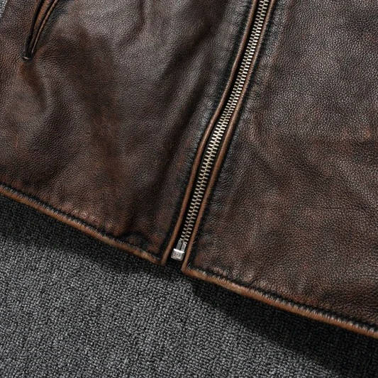 Quilted Leather Motorcycle Jacket with Snap Collar and Zip Pockets for Men