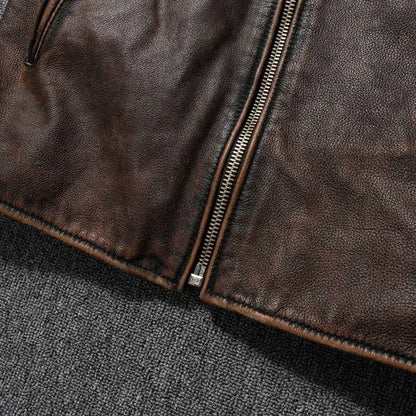 Quilted Leather Motorcycle Jacket with Snap Collar and Zip Pockets for Men