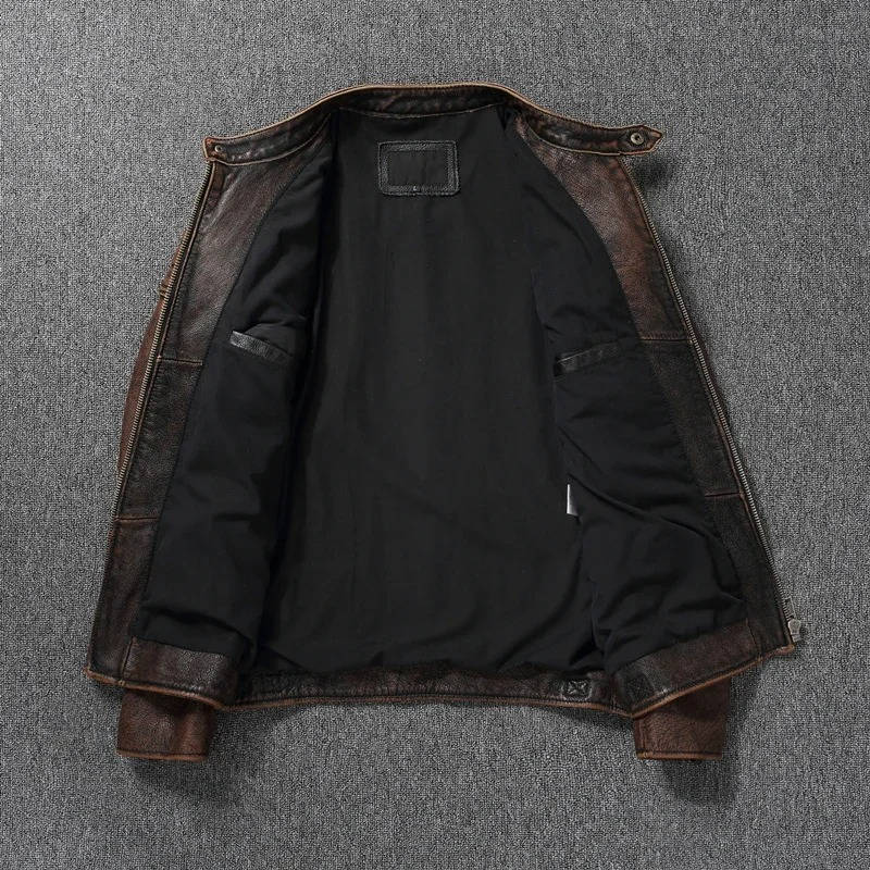 Quilted Leather Motorcycle Jacket with Snap Collar and Zip Pockets for Men