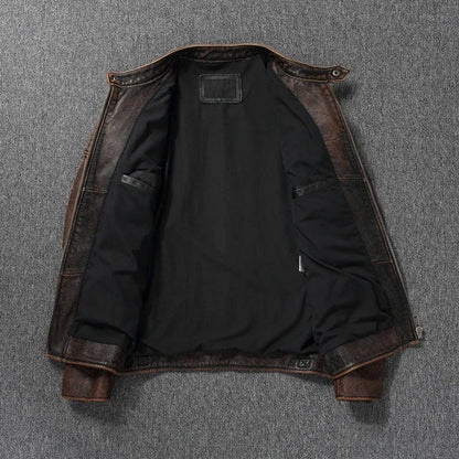 Quilted Leather Motorcycle Jacket with Snap Collar and Zip Pockets for Men