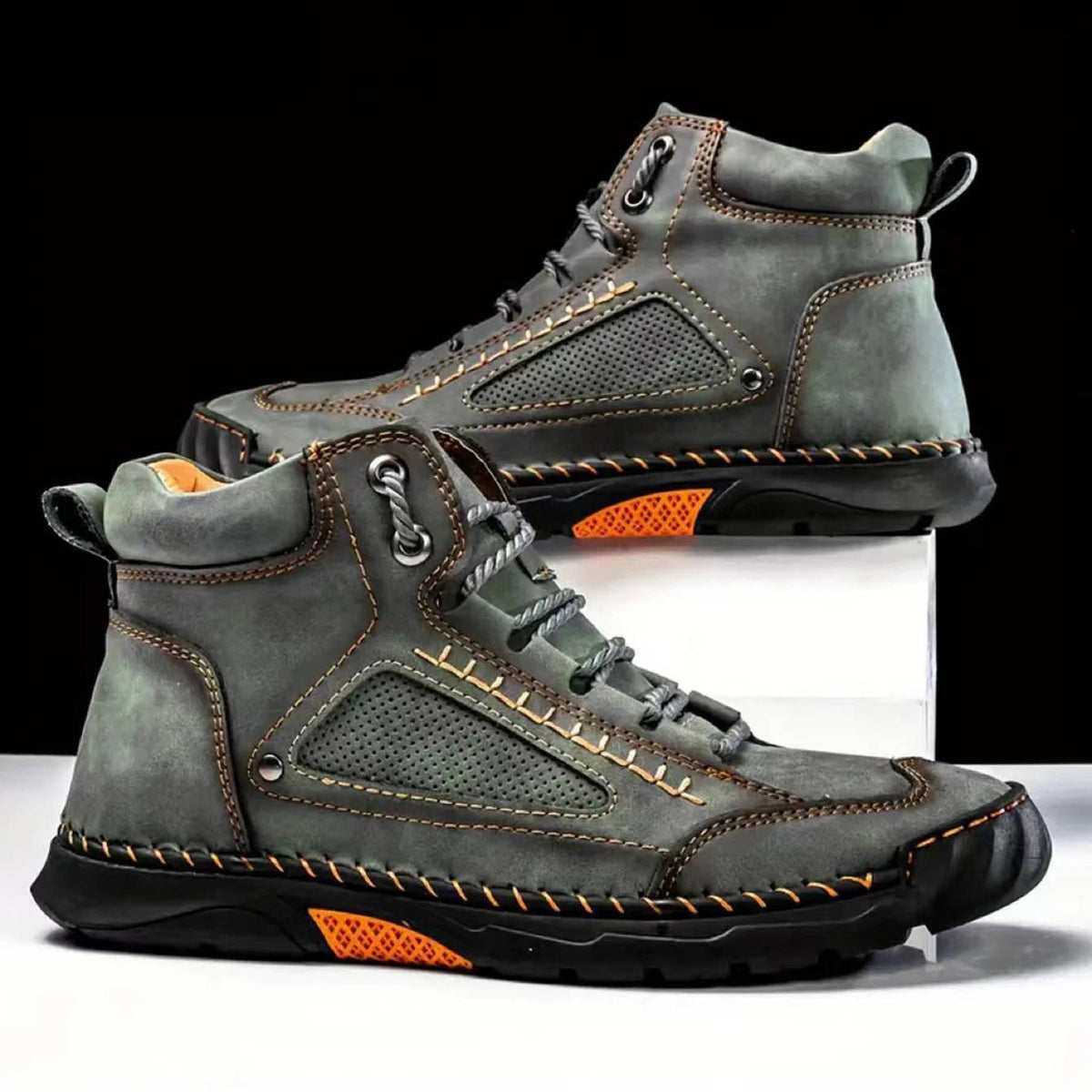 Mens Waterproof Leather Hiking Boots with Arch Support and Wide Toe Box