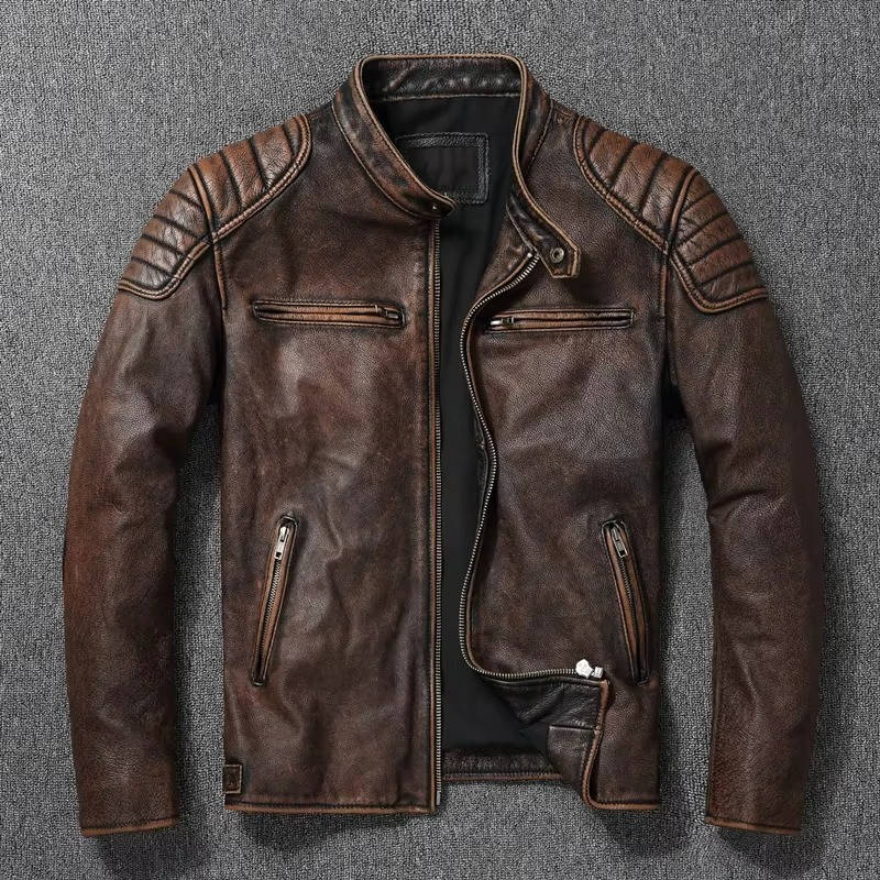 Quilted Leather Motorcycle Jacket with Snap Collar and Zip Pockets for Men
