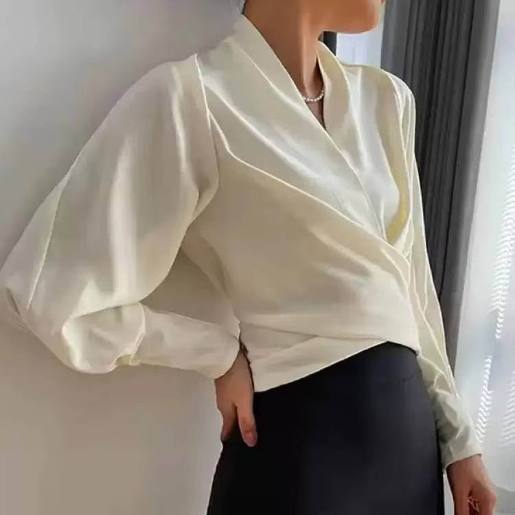 Long Sleeve Silk Blouse with V Neck for Work Or Evening