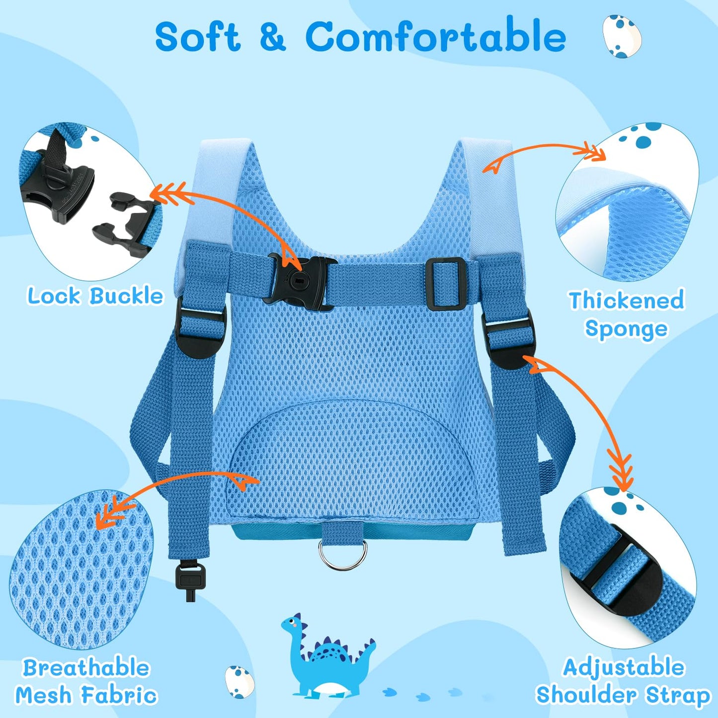 3 In 1 Toddler Harness Leash, Dinosaur Kids Safety Harness with 8.2ft Anti Lost Wrist Link and Key Lock
