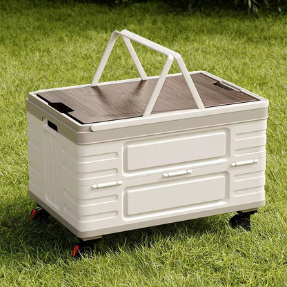 Portable Collapsible Outdoor Storage Box for Camping, Picnic & Garden, Foldable Rolling Cart with 360° Wheels & Wood Lid