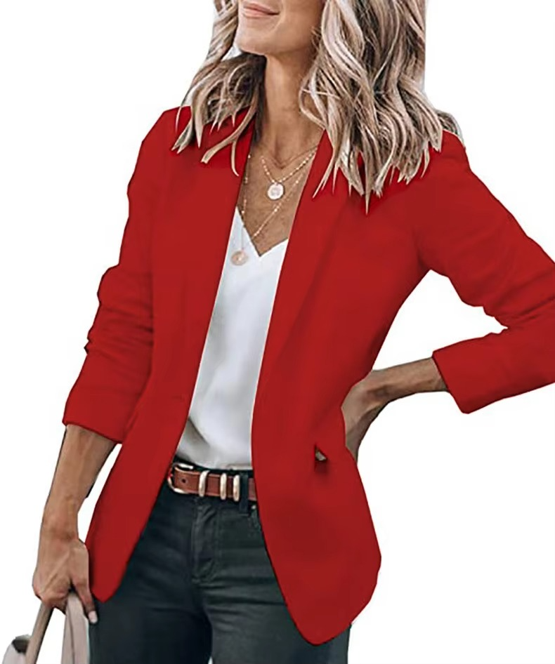 Womens Casual Open Front Blazer, Long Sleeve Work Office Suit Jacket with Lapel Collar, Fitted Professional Blazer with Pockets