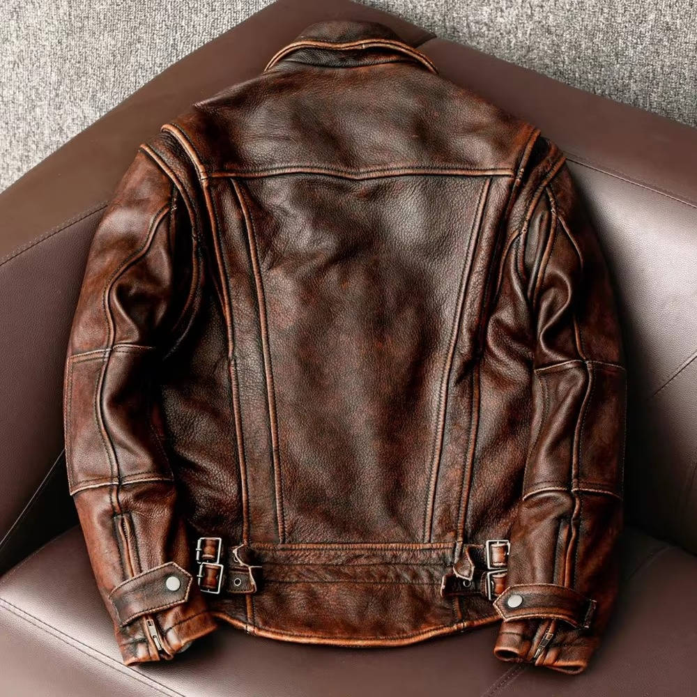 Mens Slim Fit Cowhide Biker Jacket with Weathered Brown Finish and Reinforced Stitching