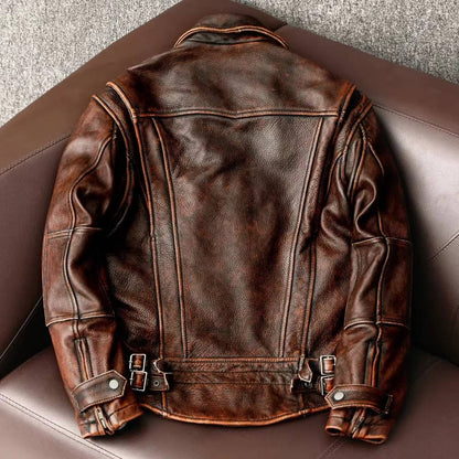 Mens Slim Fit Cowhide Biker Jacket with Weathered Brown Finish and Reinforced Stitching
