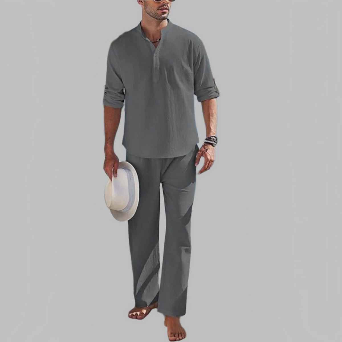 Mens Short Sleeve Button Shirt and Elastic Waist Shorts Set