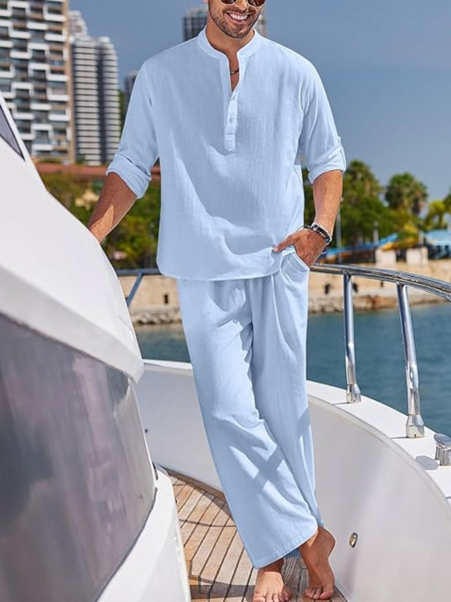 Men's Short Sleeve Button Shirt and Elastic Waist Shorts Set
