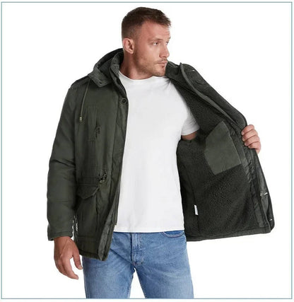 Insulated Hooded Parka with Sherpa Lining and Six Pockets for Men