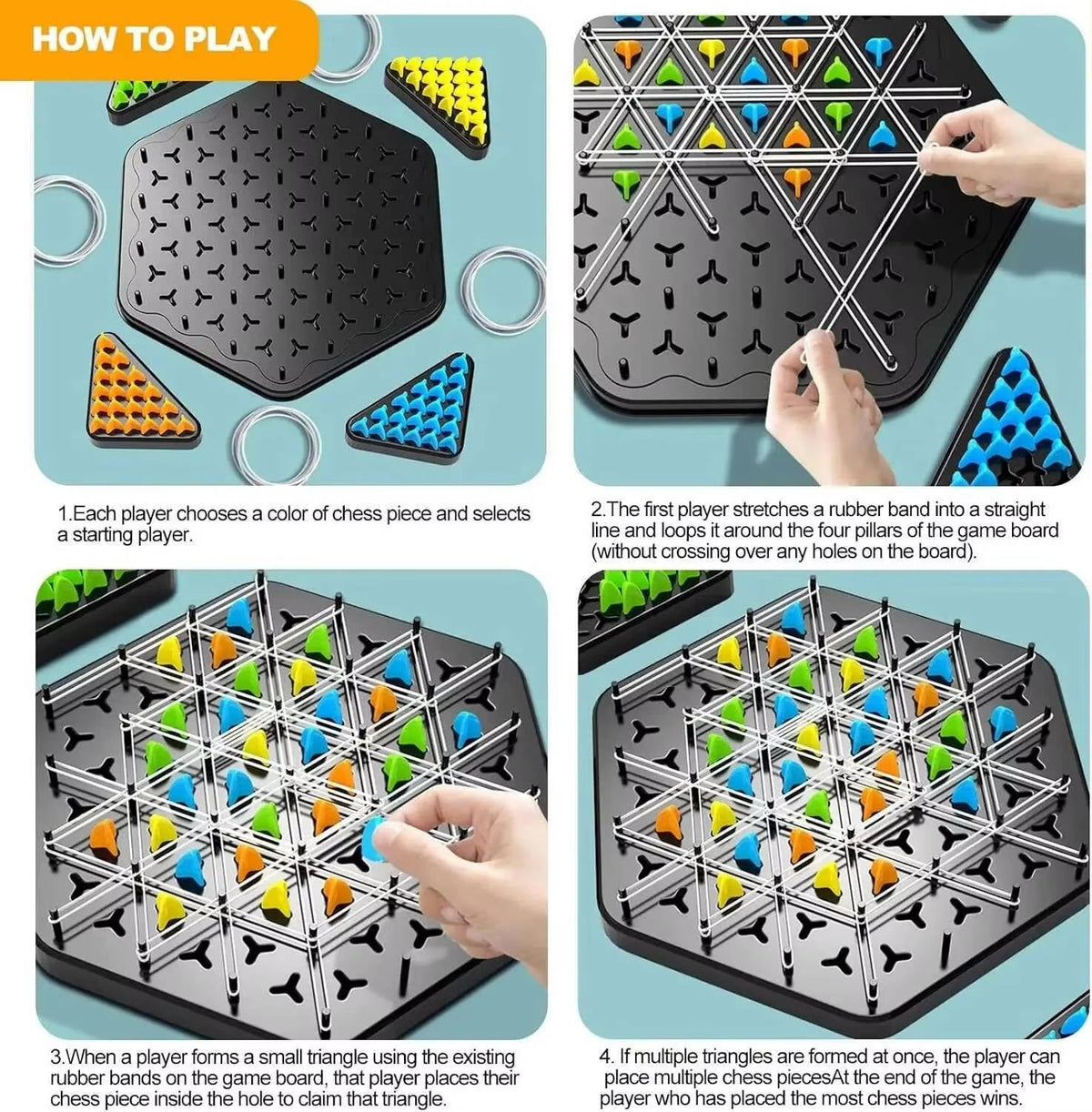 Triangle Peg and Rubber Band Strategy Board Game with Color Pieces for Family Game Night