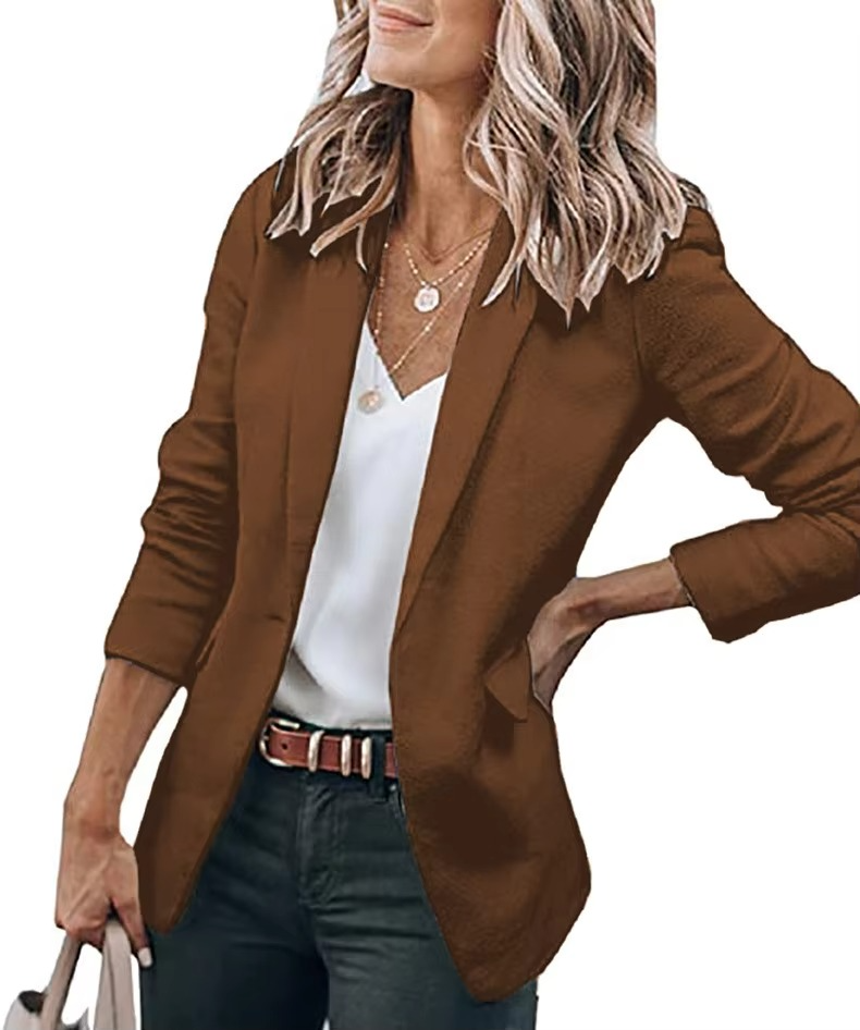 Womens Casual Open Front Blazer, Long Sleeve Work Office Suit Jacket with Lapel Collar, Fitted Professional Blazer with Pockets