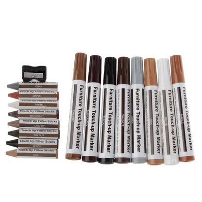 13 Piece Furniture Repair Kit, Wood Touch Up Markers and Wax Sticks with Sharpener for Scratches, Floors, Tables, and Cabinets