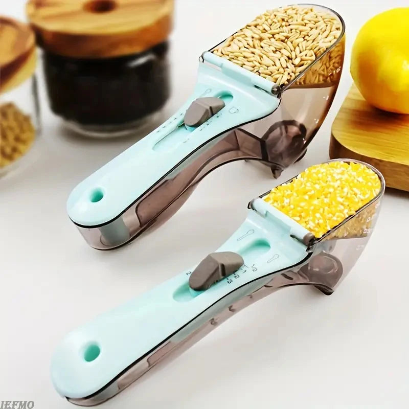 Adjustable Measuring Cup and Spoon Set with Sliding Lock Mechanism and Magnetic Storage