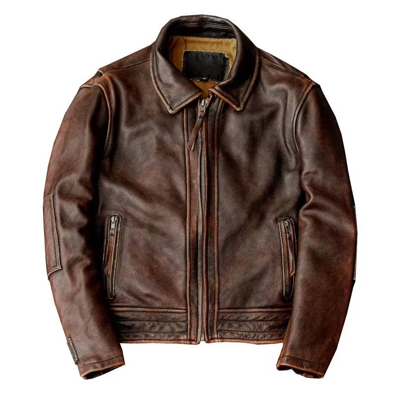 Mens Slim Fit Cowhide Biker Jacket with Weathered Brown Finish and Reinforced Stitching