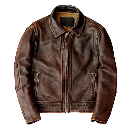 Mens Slim Fit Cowhide Biker Jacket with Weathered Brown Finish and Reinforced Stitching