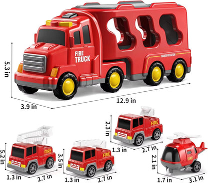 Fire Truck Carrier Toy Set with 5 Vehicles Lights and Sound Transport Truck with Helicopter Toddler Toys for Boys Girls