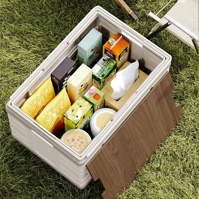 Portable Collapsible Outdoor Storage Box for Camping, Picnic & Garden, Foldable Rolling Cart with 360° Wheels & Wood Lid