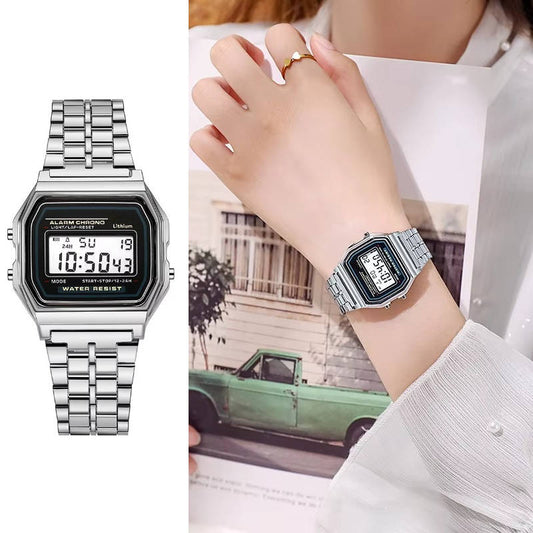 Retro Digital Watch Stainless Steel Classic Vintage Unisex LED Display Waterproof