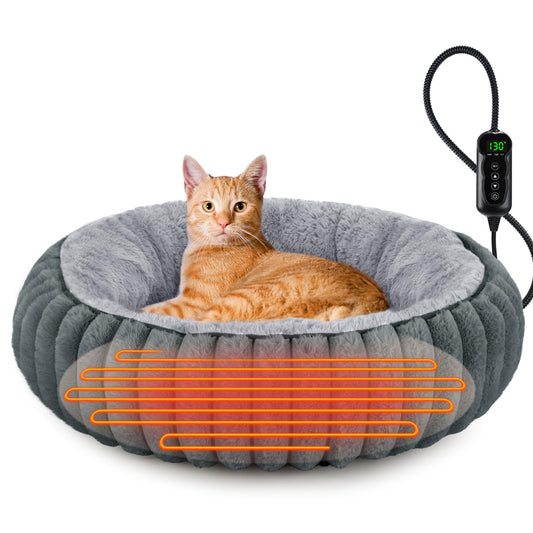 Heated Cat Bed for Indoor Cats & Small Dogs, 20 Inch Cozy Donut Pet Bed with Timer, Adjustable Temperature & Waterproof Cover