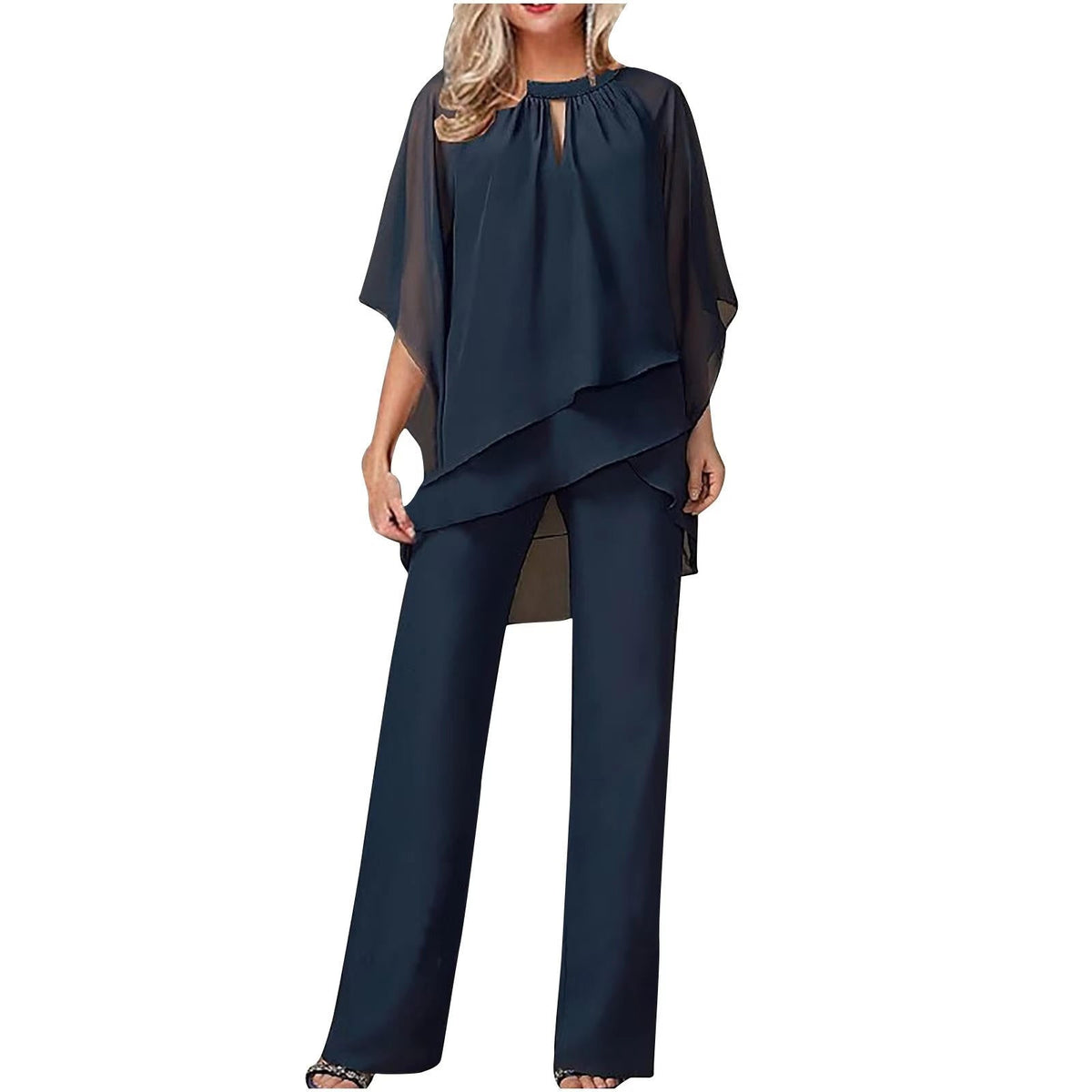 Womens Chiffon Pantsuit with Batwing Sleeves and Relaxed Fit, Machine Washable