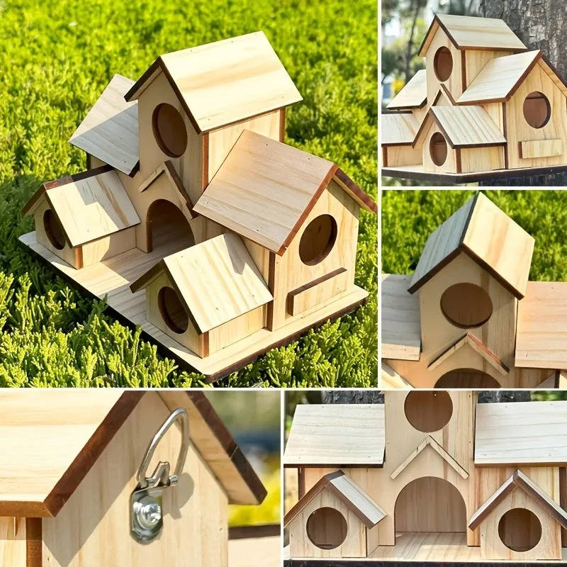 Natural Wooden Bird House, Hanging Bird Feeder Villa for Outdoor Garden & Yard, Decorative Wild Bird Nest