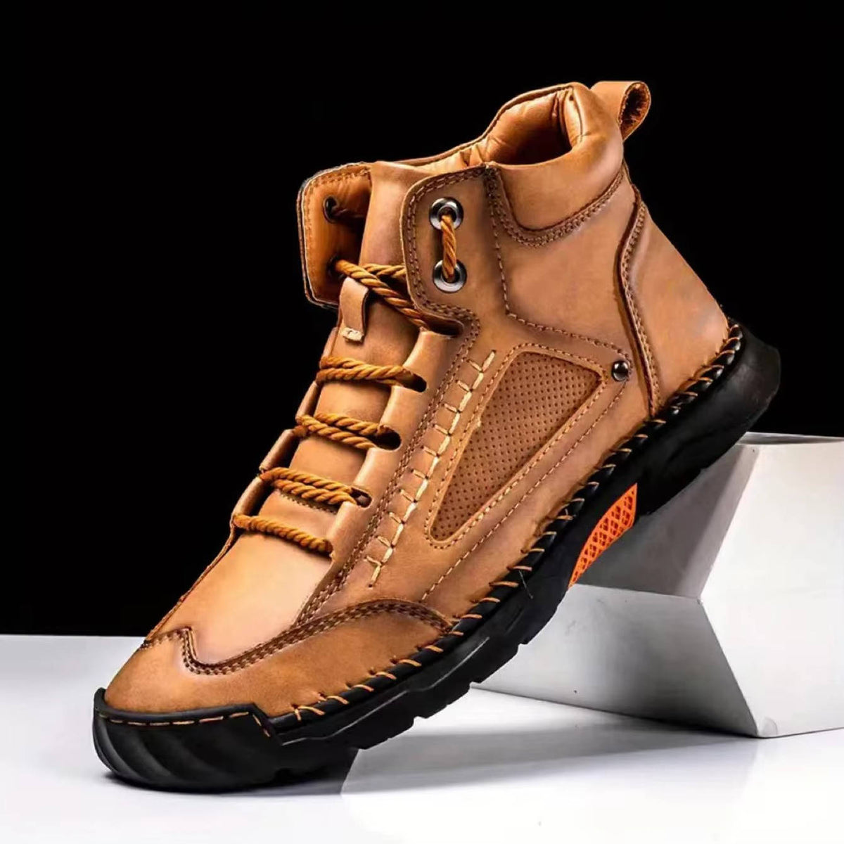 Mens Waterproof Leather Hiking Boots with Arch Support and Wide Toe Box
