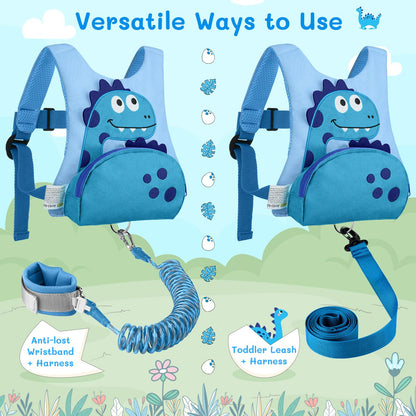 3 In 1 Toddler Harness Leash, Dinosaur Kids Safety Harness with 8.2ft Anti Lost Wrist Link and Key Lock