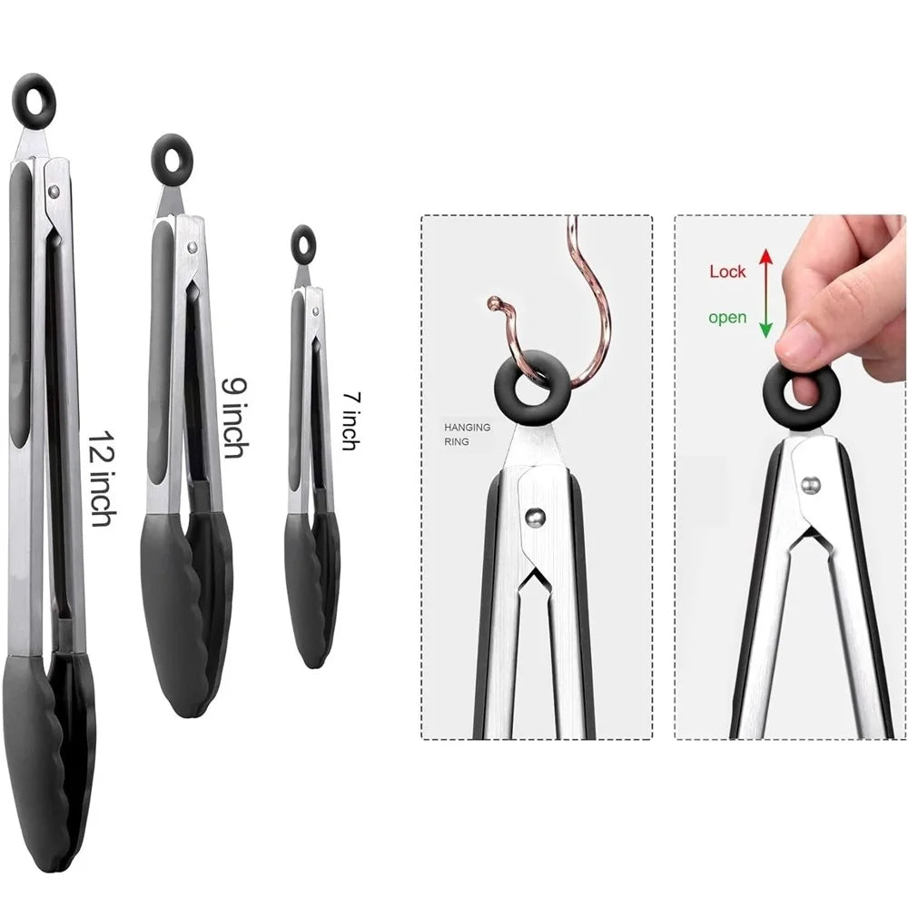 Stainless Steel Kitchen Tongs with Silicone Heads and Locking Mechanism, 3 Piece Set