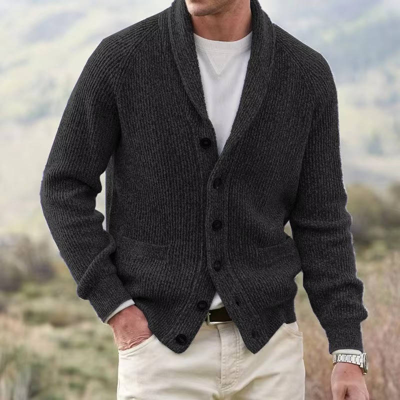 Mens Cashmere Blend Cardigan with Shawl Collar and Front Pockets