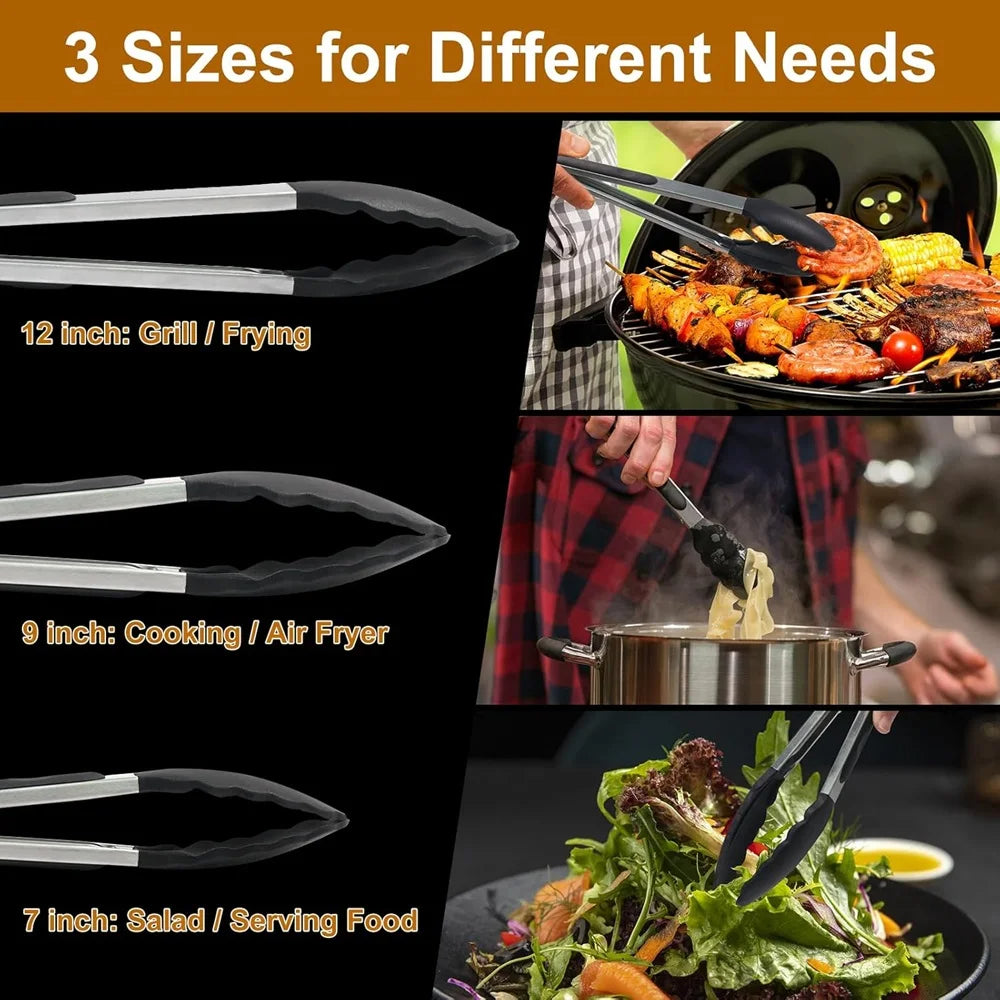 Stainless Steel Kitchen Tongs with Silicone Heads and Locking Mechanism, 3 Piece Set
