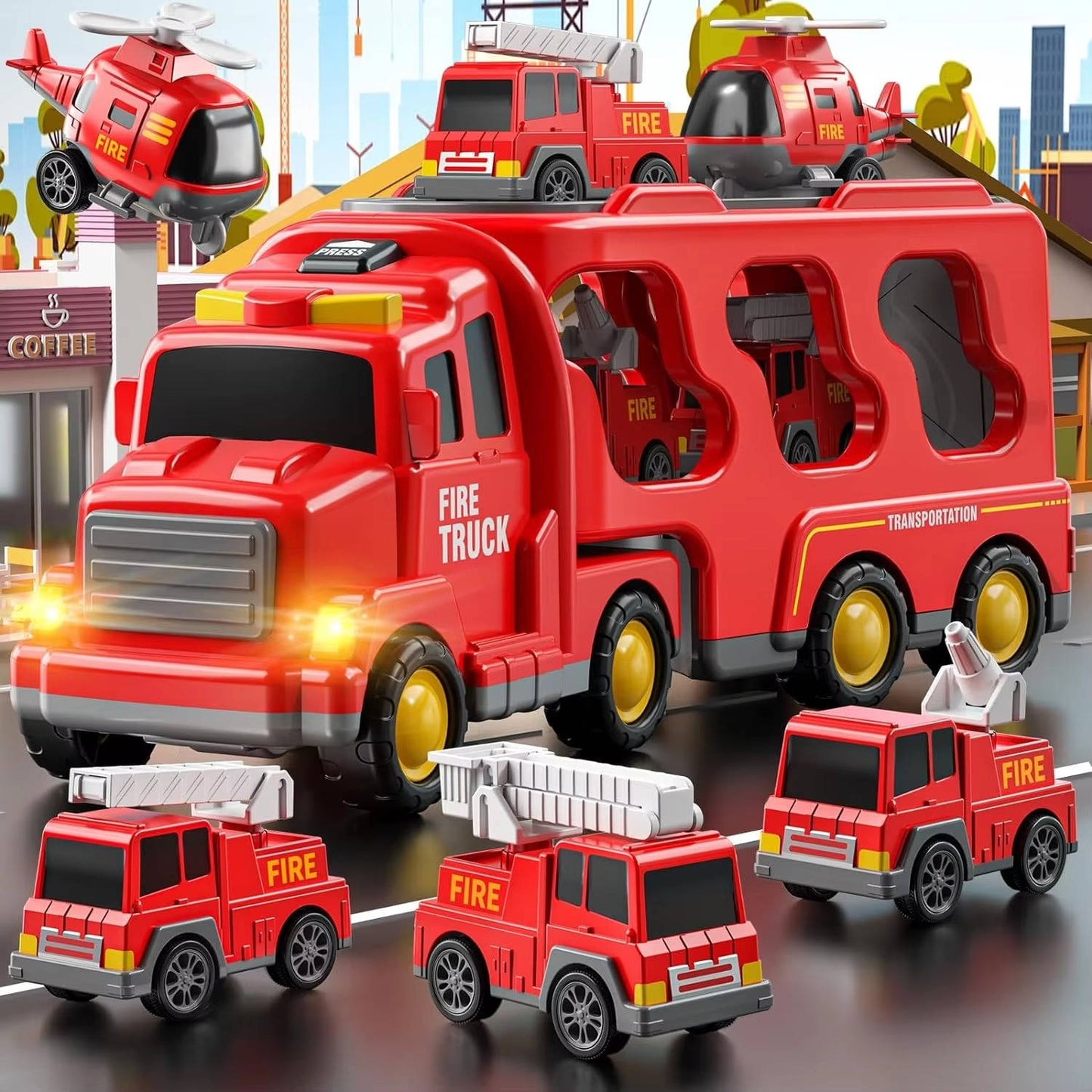Fire Truck Carrier Toy Set with 5 Vehicles Lights and Sound Transport Truck with Helicopter Toddler Toys for Boys Girls