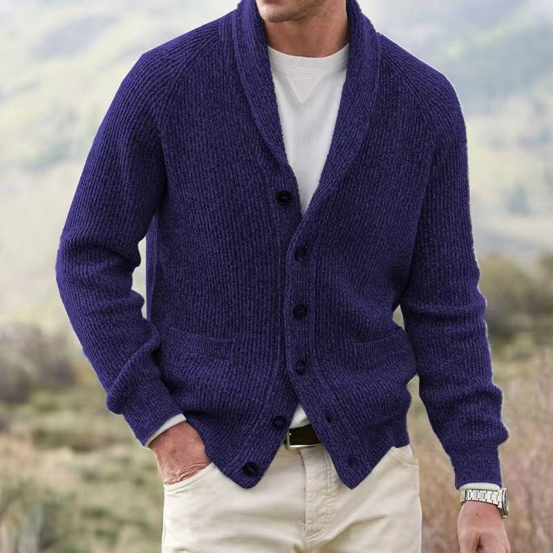 Mens Cashmere Blend Cardigan with Shawl Collar and Front Pockets