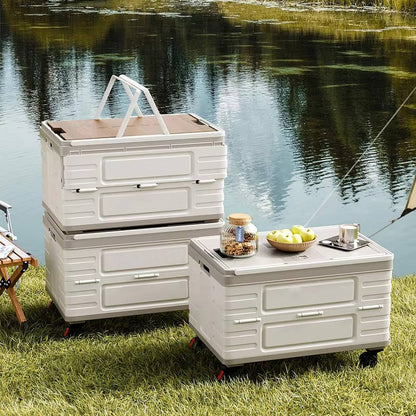 Portable Collapsible Outdoor Storage Box for Camping, Picnic & Garden, Foldable Rolling Cart with 360° Wheels & Wood Lid