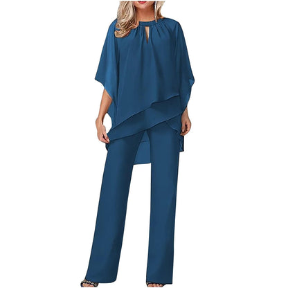 Womens Chiffon Pantsuit with Batwing Sleeves and Relaxed Fit, Machine Washable