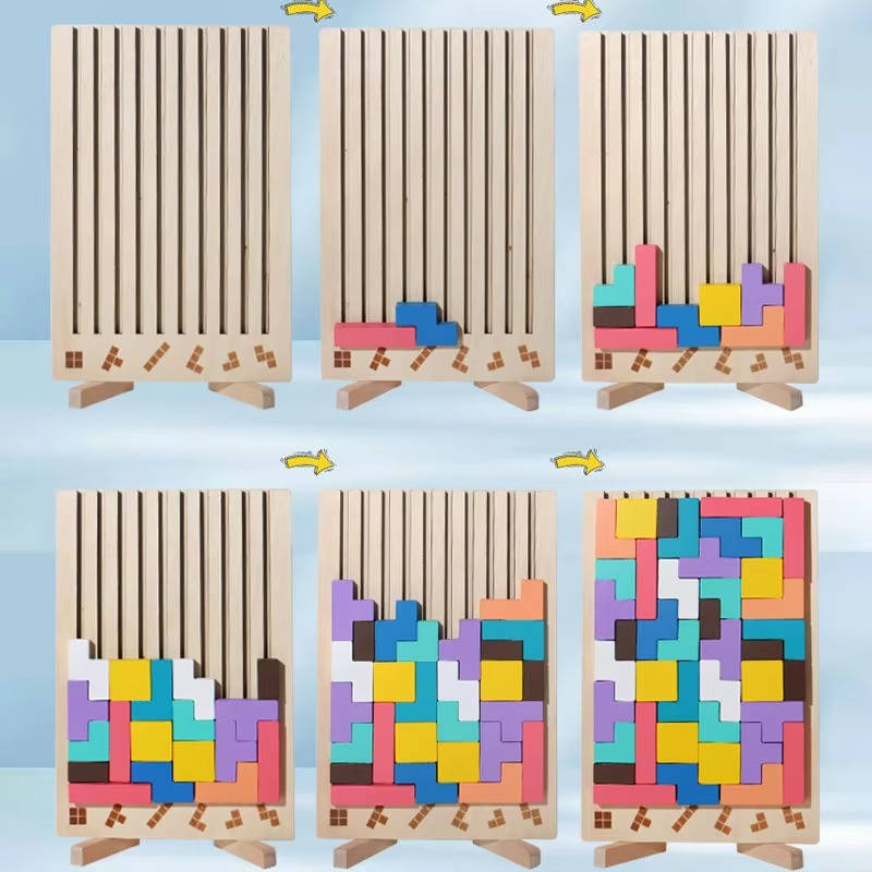 Wooden Block Puzzle Set with 42 Pieces and 10 Template Cards, Foldout Stand