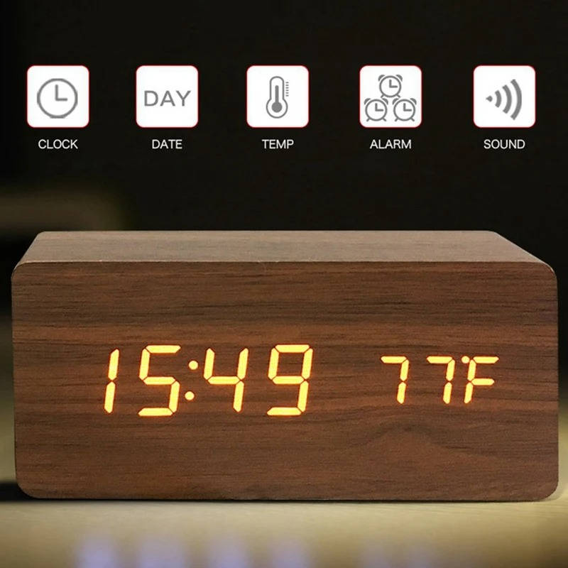 Wooden Digital Alarm Clock With Sound Control & Digital Display