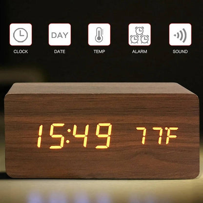 Wooden Digital Alarm Clock With Sound Control & Digital Display