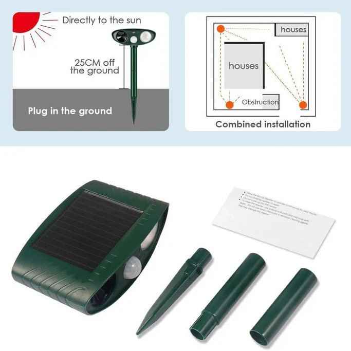 Solar Ultrasonic Repeller with a Motion Sensor, Flashing LED and a Ground Stake for Yards and Gardens